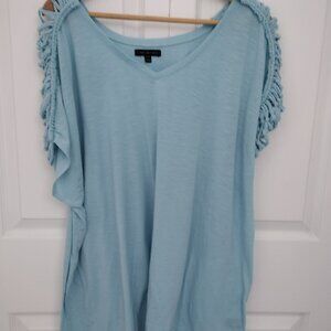 Lane Bryant 26/28 Light Blue Fringe Sleeve V-Neck Top NWOT | Plus Size Flowy Blo